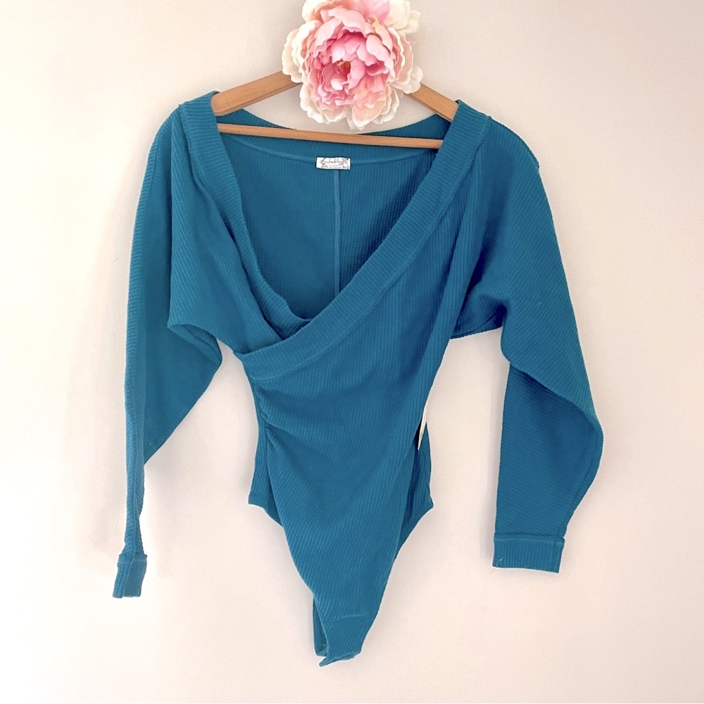 NWT Intimately Free People Teal Blue Thermal Waffle Texture Wrap Bodysuit XS